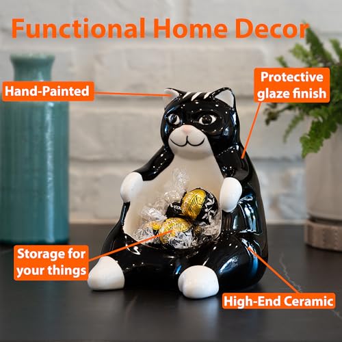Ceramic Lazy Black Cat Home decor - Can be used as a candy dish, decorative bowl, tealight candle holder and jewelry tray | Unique Birthday gifts for Women, Mom, Grandma, Cat lover, Friend, Coworker
