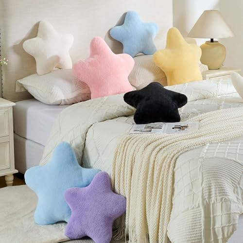 CANGHI Yellow Star Pillow 15.7" Faux Rabbit Fur Throw | Super soft plush decorative cushion, celestial shaped decor for couch, bed and living room. Cozy.