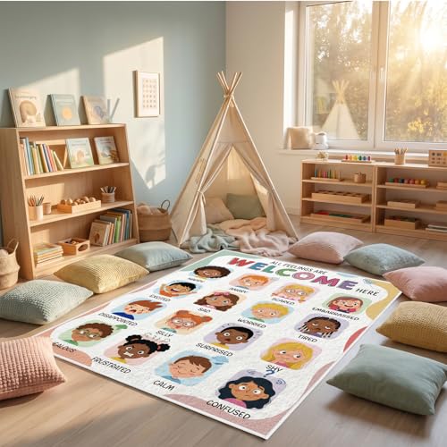 Calming Corner Rug Classroom, Calm Down Corner Rug 4 X 3.3 Ft, Soft Chart Emotion Mental Health Floor Mat for School Bedroom Playroom