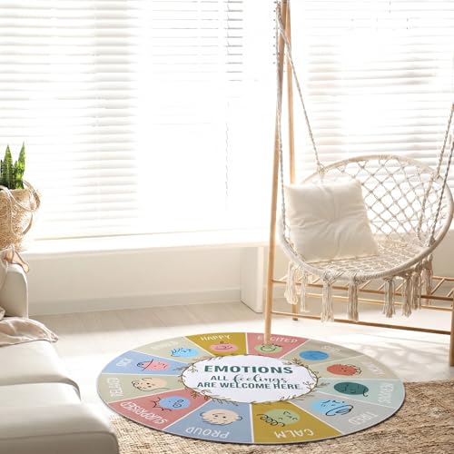 4ft Boho Feelings Chart Rug Feelings Chart Wheel Round Mat Calm Corner Classroom Rug Emotion Reading Soft Fluffy Mental Health Carpet Circle Sensory Mat for Bedroom School Living Playroom
