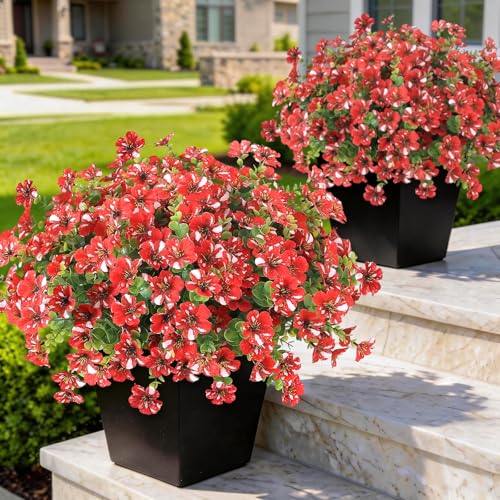 GLIDLION 12 Bundles Artificial Morning Glory & Eucalyptus for Outdoor, Realistic Fake Silk Flower UV Resistant Faux Plant for Front Door Patio Garden Farmhouse Decor (Red)
