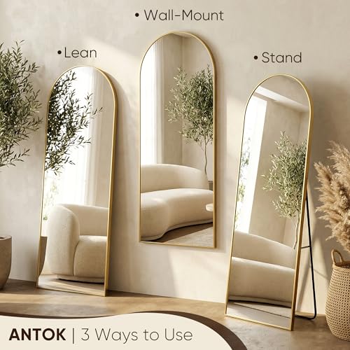 Antok 58" x19” Arched Full Length Floor Mirror, Gold+Black