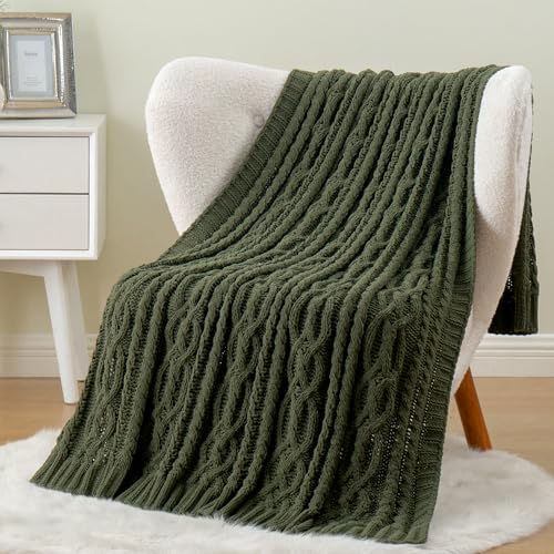 Battilo Olive Green Throw Blanket for Couch, Chunky Cable Knit Blanket, Woven Soft Cozy Chenille Throw Blanket for Bed, Sofa, Chair, Living Room, 51"x67"