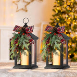 Christmas Decorative Lantern with LED Candle – Black Holiday Lantern with Pinecones, Red Bow – Battery Operated Christmas Table Centerpiece for Indoor/Outdoor Decor(2pack)