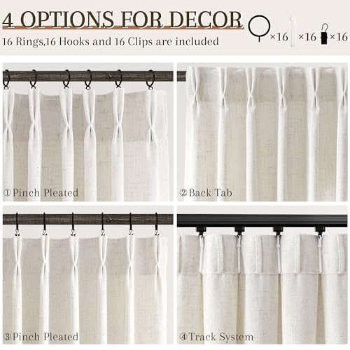 Joywell Linen Pinch Pleated Curtains 84 Inches Long 2 Panels | Thick Living Room Bedroom Drapes, Light Filtering Semi Sheer, Natural Cream Ivory Beige Birch, Boho Back Tab, with Clip Rings