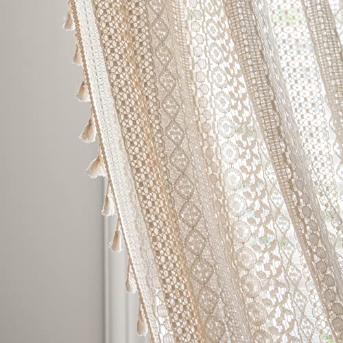 Sutuo Home Beige Boho Lace Sheer Curtains 84 inches Long,Crochet Macrame Semi-Sheer Bohemian Drape with Tassels, Cream Farmhouse Window Curtains for Living Room & Bedroom, 1 Panel 59" W,Rod Pocket