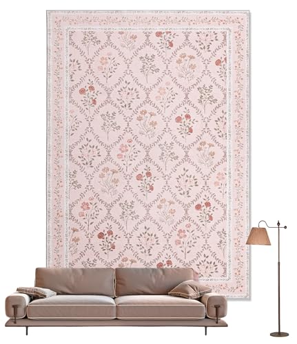 YIHOUSE 5x7 Pink Floral Rug for Bedroom Girls, Washable Area Rugs for Living Room Non Slip Ultra-Thin, Soft Throw Carpet for Nursery, Kids Playroom, Classroom, Home Office Decor