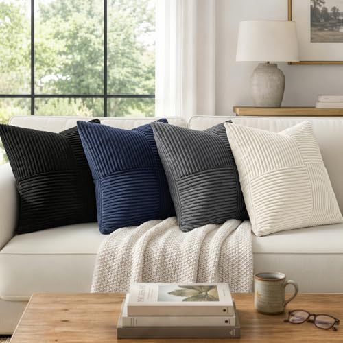 MIULEE Black Decorative Throw Pillow Covers 18x18 Inch for Couch Bed Sofa Pack of 2 Boho Farmhouse Throw Pillows Soft Cross Corduroy Patchwork Textured Cushion Cases