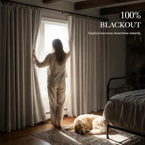 RYB HOME 100% Blackout Linen Curtains 102 Inch Long, Thermal Insulated Privacy Drapes for Bedroom/Living Room/Dining/Patio/Sliding Glass Door/Home Theater, W52 x L102, Natural Beige, 2 Panels