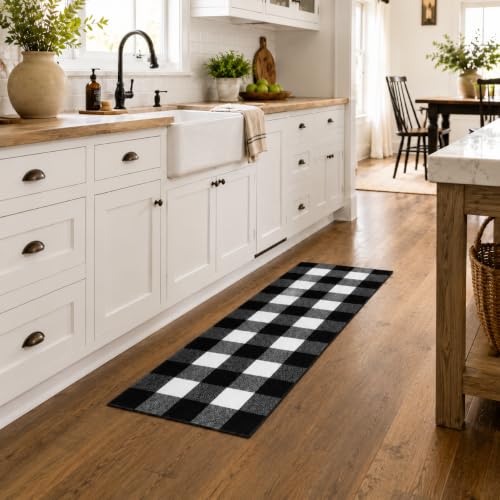 FONEYI Buffalo Plaid Rug 20 x 59 Inches, Non Slip Black and White Check Rugs Indoor or Outdoor Rugs for Layered Door Mats, Washable Fall Front Door Mat for Front Porch, Kitchen, Farmhouse, Entryway