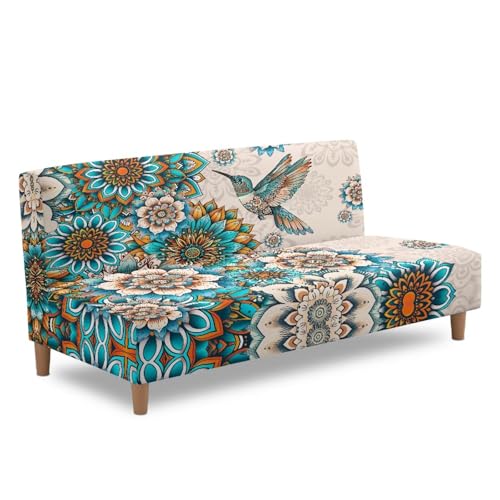 Suobstales Boho Mandala Hummingbird Print Stretch Armless Futon Cover, Futon Mattress Covers Soft Furniture Protector with Elastic Bottom, Foldable Sofa Slipcovers Washable Couch Cover