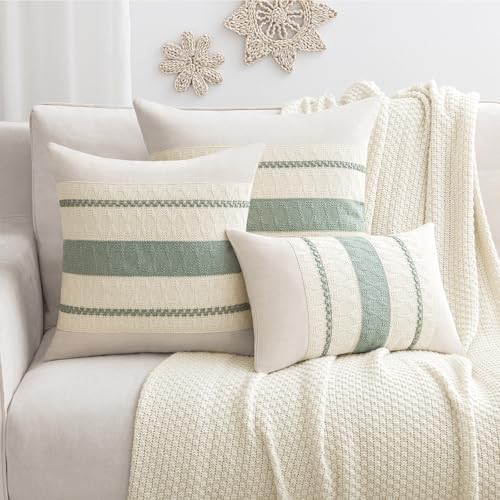 Laolitou Set of 2 Boho Throw Lumbar Pillow Covers 20×12, Rustic Farmhouse Cotton Linen Soft Sage Green Decorative Pillow Cover for Living Room Sofa Bedroom Couch Cushions Home Decor