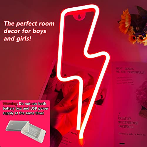 Neon Signs Lightning Bolt Neon Light Sign for Wall Decor, Battery or USB Powered Led Lightning Light Neon Sign for Bedroom, Kids Room, Birthday, Party, Wedding, Home, Kids Decorations Red