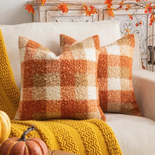 Plaid Fall Throw Pillow Covers Orange 26x26 Inch Set of 2