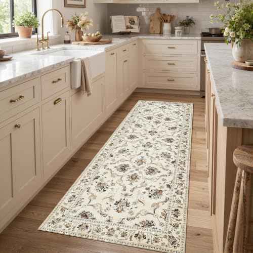 jinchan 3x8 Traditional Floral Rug, Washable Runner Rug, Beige Slate
