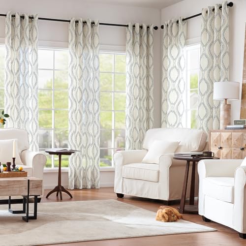 jinchan Boho Linen Blend Beige Farmhouse Curtains 84 Inch Length 2 Panels Set Blue Embroidered Leaf Living Room Ogee Geometry Drapes Light Filtering Curtains Grommet Blue on Flax
