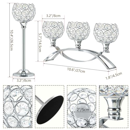 Crystal Tealight Candle Holder Centerpiece Home Decorative Candlestick Holder Elegant Table Centerpiece Home Decor Wedding Party Anniversary (Silver, Set of 3)