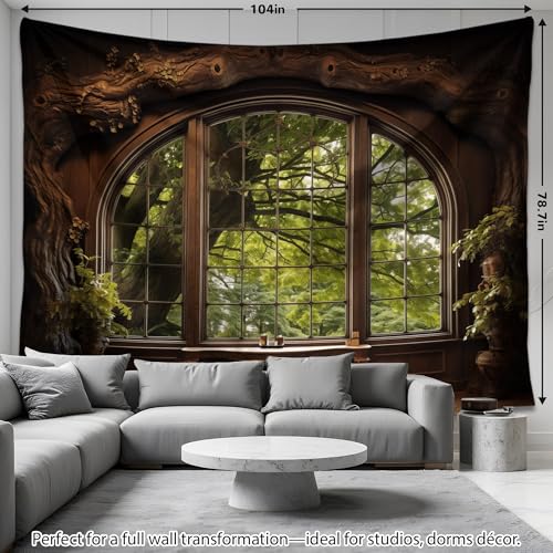 QGHOT Forest Window Tapestry, Nature Outdoor Tapestry Wall Hanging Woodland Scene Large Wall Mural for Bedroom Living Room Office Decor 78.7" L x 104" W