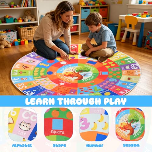 ABC Round Kids Rug for Playroom, 4ft Educational Kids Rug with Number Shape Animal Season, Non-Slip Alphabet Small Classroom Rugs, Learning Area Rugs Washable for Classroom Playroom Nursery Bedroom