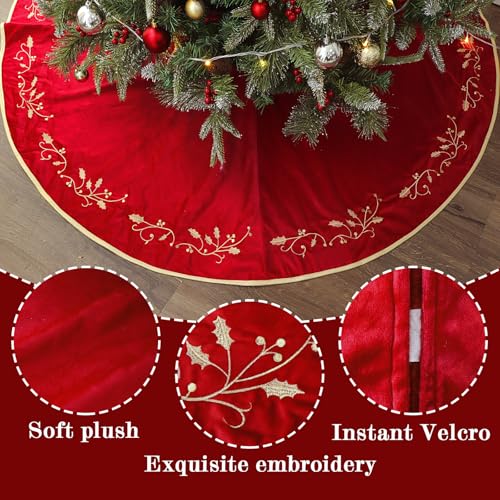Bunny Chorus Christmas Tree Skirt, 60 Inch Red Christmas Tree, Large Rustic Velvet Fur Plush Tree Skirts, Xmas Tree Skirts with Gold Embroidered Holly Leaf for Christmas Tree Decorations
