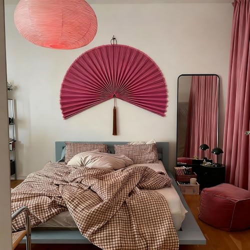 ChumDecor Fan Wall Decor,Large Bamboo Fan Wall Art for Boho Hanging Headboard,Decorative Folding Fan for Over Bed Decorations, (Pink, 31inch)