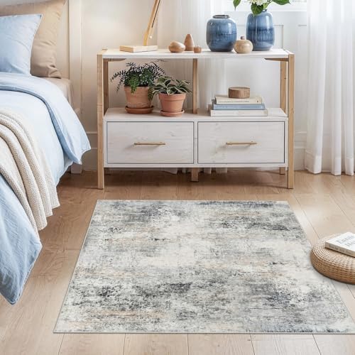 3x3 Rug Square Washable: Soft Non Slip Abstract Runners Blue Grey