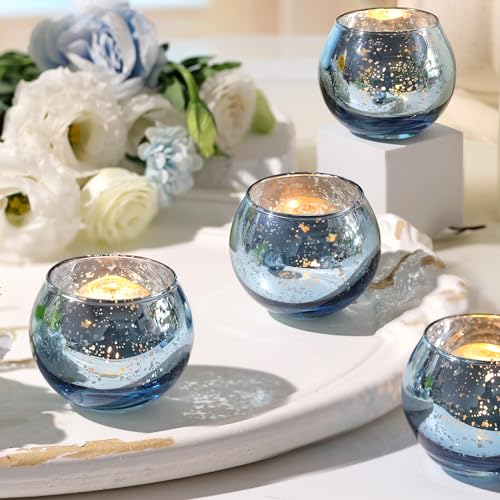 Round Blue Votive Candle Holder Set of 12, Mercury Glass Votives