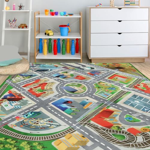 Large Kids Carpet Play Mat Rug for Playroom, 60'' x 84'’ Car Rugs Mat for Kids Toy Cars, City Life with Road Traffic Playmat Rugs Great for Kids Bedroom Play Room Boy Room Decor, Grey