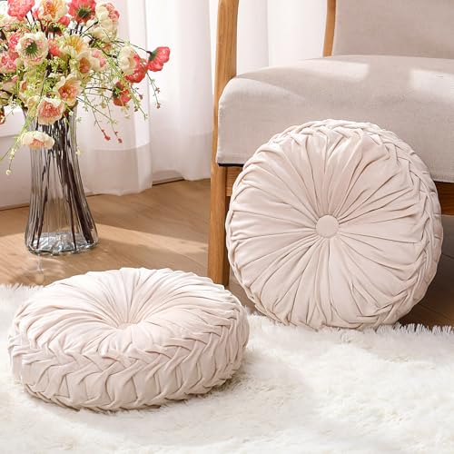 Beeveer 2 Pcs Round Throw Pillows 15 Inch Decorative Velvet Pleated Pumpkin Pillows Boho Floor Pillow with Center Button for Living Room Couch Chair Bed Sofa Home Decoration (Ivory)