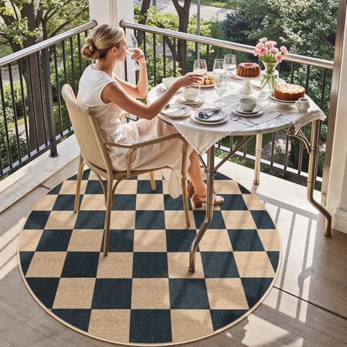 Lahome Checkered Easy Jute 4ft Round Outdoor Rug, Washable Small Rugs Black