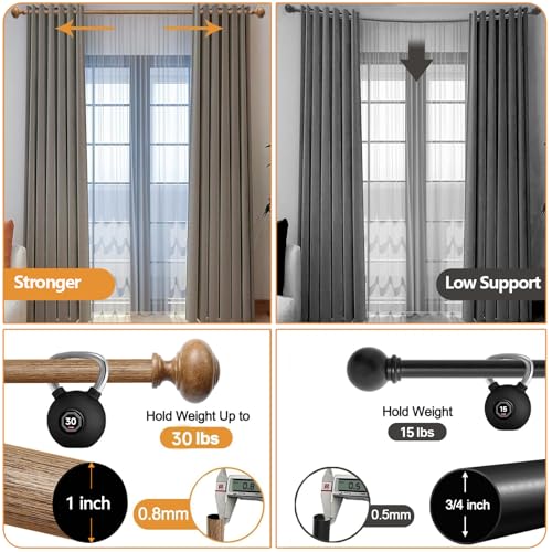 Wood Curtain Rods for Windows 48 to 84 Inch(4-7ft),1 Inch Heavy Duty Curtain Rods with Imitation Wood Grain Finials, Boho Adjustable Drapery Rod of Window Treatment