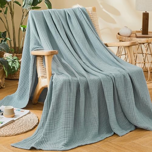 EMME Cotton Muslin Large Throw Blanket 4-Layer Couch Breathable Gauze Soft Lightweight Bed Blankets Adults Two-Tone Weave Design, Pre-Washed Softer Touch (Heather Teal, 50"x70")