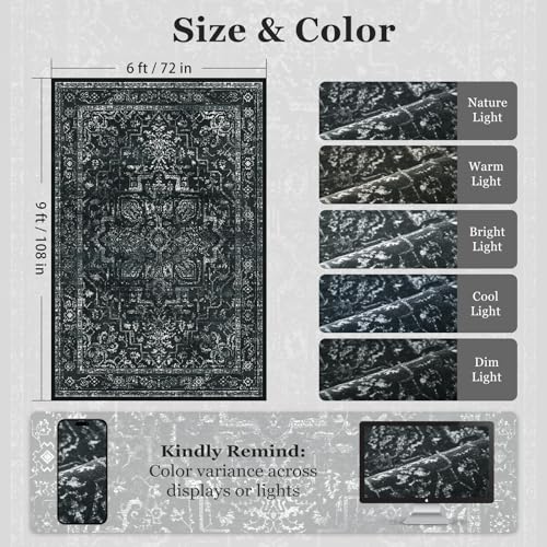 Distressed Black Rugs for Living Room 6x9, Low Pile Thin Area Rugs for Bedroom Manchine Washable Non Slip, Dark Medallion Pinted Carpet for Dining Room Guest Room Home Office