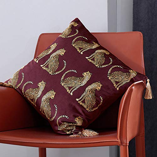 Lumbar Decorative Throw Pillow Cover with Tassels Leopard Pattern Cushion Cover Luxury Style Soft Velvet Pillowcase for Sofa Couch Bedroom (18"x18",Wine Red)