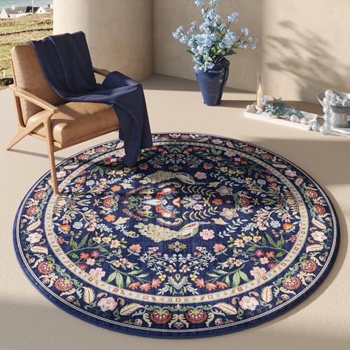 Rugcomf Round Area Rug 4ft Floral Washable Non Slip, Blue