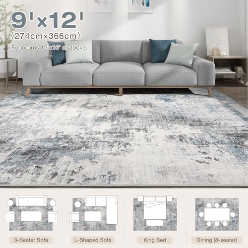 Abstract 9x12 Area Rug: Machine Washable Non Slip Ultra Thin Low-Pile Carpet, Soft Stain Resistant for Living Dining Room Bedroom, Kid Pet Friendly, Robot Vacuum Compatible - Grey Blue