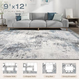 Abstract 9x12 Area Rug: Machine Washable Non Slip Ultra Thin Low-Pile Carpet, Soft Stain Resistant for Living Dining Room Bedroom, Kid Pet Friendly, Robot Vacuum Compatible - Grey Blue