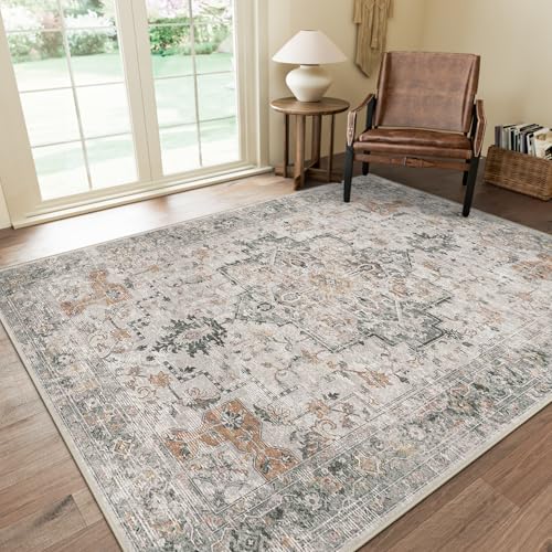 GENIMO 8x10 Area Rugs for Living Room, Machine Washable Non Slip Vintage Area Rugs, Low Pile Lightweight Print Rug for Bedroom, Dining Room, Home Office, Light Taupe Brown