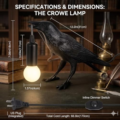 Crow Lamp Gothic Decor, Raven Table Lamp with Adjustable Brightness, Dark Academia Aesthetic Night Light for Bedroom, Halloween Black Bird Lamp, Unique Gift