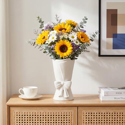 Relexome White Ceramic Bow Vase Unique Cute Decorative Bouquet Flower Vases 9.64 in Summer Home Decor Vase