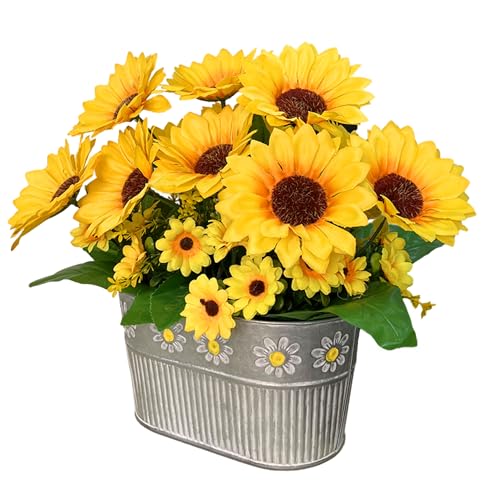 Artificial Flowers Fake Sunflowers in Pot, Faux Silk Flowers Floral Table Centerpiece Decoration, Rustic Potted Greenery for Farmhouse Home Décor
