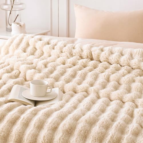 COOVA Faux Fur Throw Blanket for Couch, Cozy Soft and Fuzzy Plush Rabbit Fur Bubble Blanket for Sofa Bedroom Living Room, 50x60 Inches Light Taupe