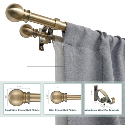 Antique Bronze Double Curtain Rods 36-72 Inch,1’’Front and 5/8’’Back Double Drapery Rod with Small Round Ball and Aluminum Brackets, Adjustable Dual Window Rod for Sheer/Blackout Curtains