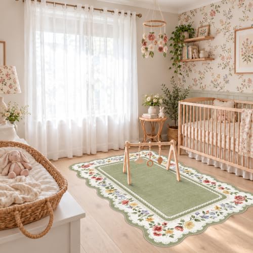 HY HAOYUNLAI Washable Scalloped 3x5 Entryway Area Rug Non-Slip Carpet Sage
