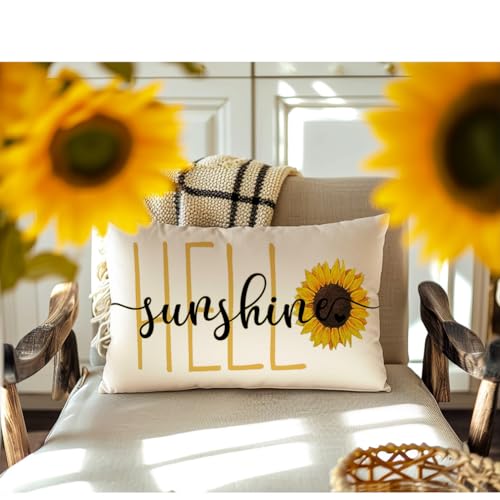 RABUSOFA Hello Sunshine Quote Sunflower Spring Summer Pillow Covers,Seasonal Outdoor Decorative Cushion Case Summer Decorations for Home Sunflower Decor 12x20 Inch