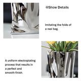 Ceramic Silver Flower Vase, Crinkle Paper Shape, Metal Decorative Home Accent (Large)