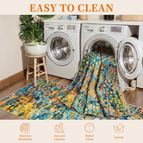 Colorful Blue Orange Abstract 2.6x10 Washable Hallway Runner Rug Non Slip