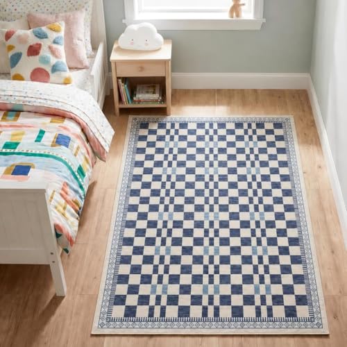 GarveeHome 3x5 Small Rug for Bedroom Machine Washable Blue Checkered Rug