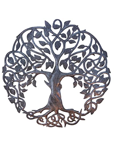 Tree of Life Metal Wall Art, Contemporary Iron Artwork Decor, Celtic Family Trees, 23 In. x 23 In. Round Modern Plaque, Handmade in Haiti,Fair Trade Certified, Signed By Wilson Etienne