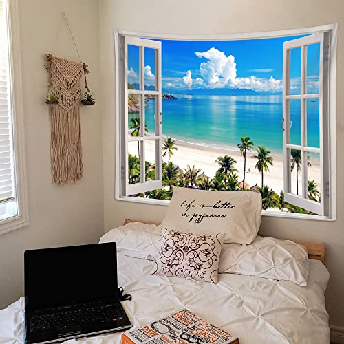 Ocean Beach Tapestry, Hawaii Sea Nature Fake Faux Window Art Tapestries Wall Hanging For Bedroom College Dorm Living Tropical Summer Room Office Decor 60X40" Aesthetic Poster